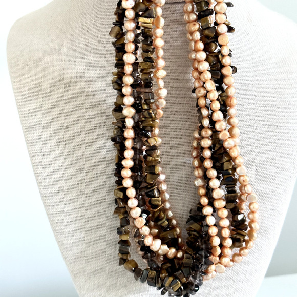 Vintage 925 Sterling Silver Real Pearl Tiger's Eye Chunky Multi Strand Necklace - Picture 16 of 16
